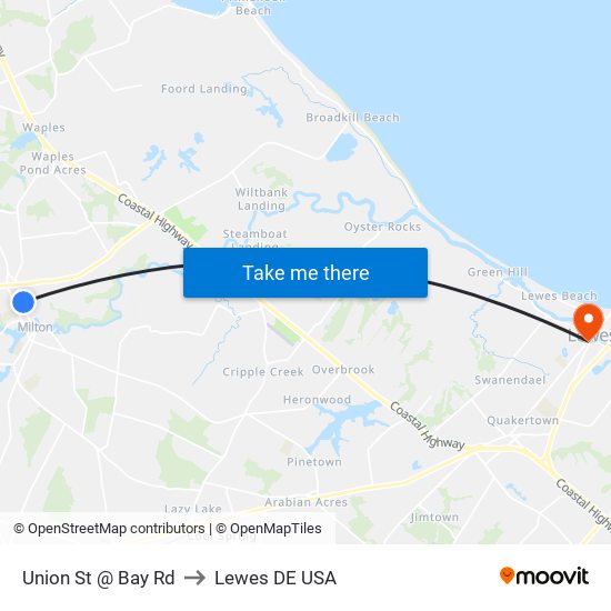 Union St @ Bay Rd to Lewes DE USA map