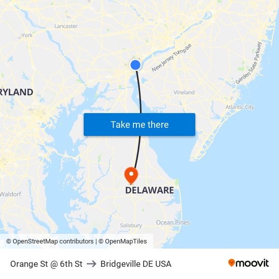 Orange St @ 6th St to Bridgeville DE USA map