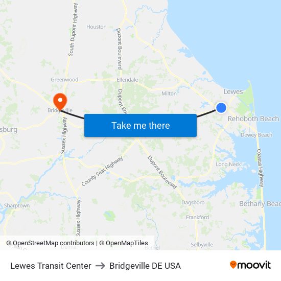 Lewes Transit Center to Bridgeville DE USA map