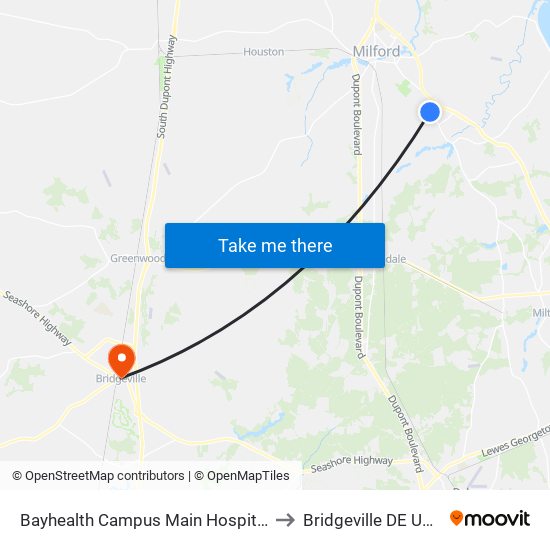 Bayhealth Campus Main Hospital to Bridgeville DE USA map