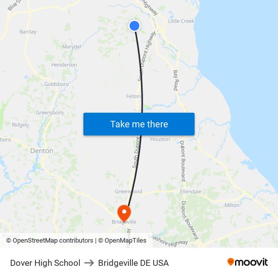 Dover High School to Bridgeville DE USA map