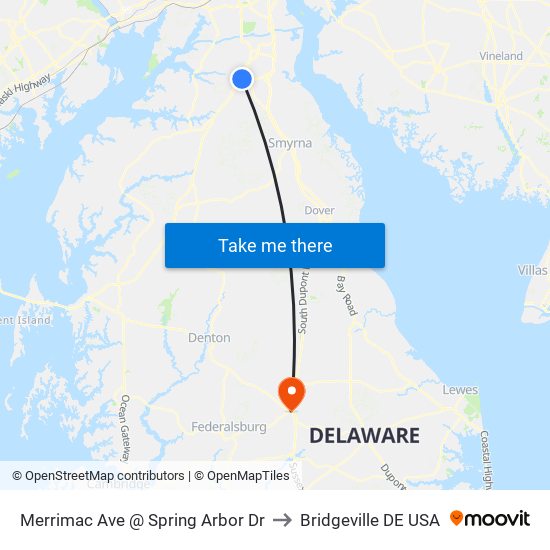 Merrimac Ave @ Spring Arbor Dr to Bridgeville DE USA map