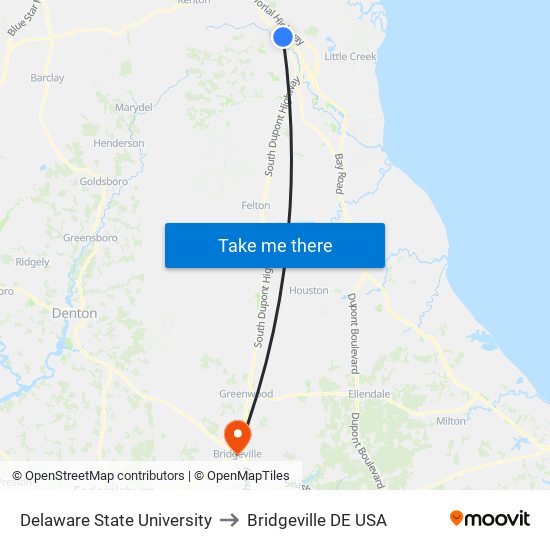 Delaware State University to Bridgeville DE USA map