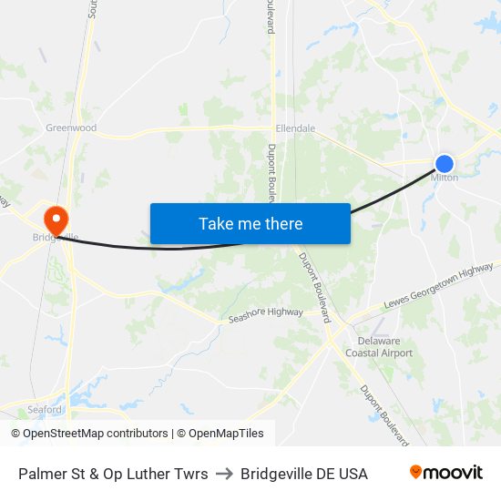 Palmer St & Op Luther Twrs to Bridgeville DE USA map