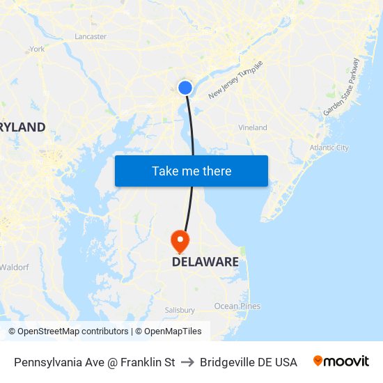 Pennsylvania Ave @ Franklin St to Bridgeville DE USA map
