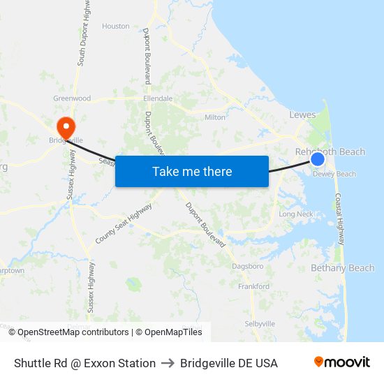 Shuttle Rd @ Exxon Station to Bridgeville DE USA map