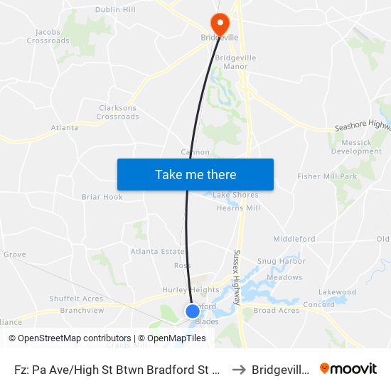 Fz: Pa Ave/High St Btwn Bradford St And Cannon St Connection to Bridgeville DE USA map