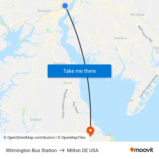 Wilmington Bus Station to Milton DE USA map