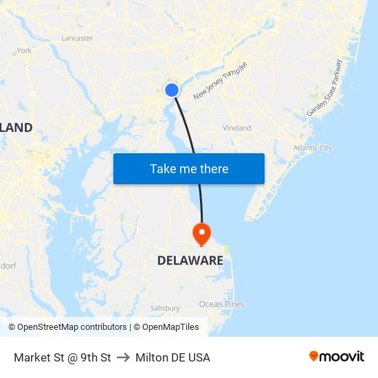 Market St @ 9th St to Milton DE USA map