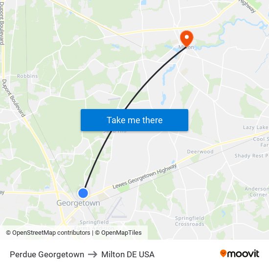 Perdue Georgetown to Milton DE USA map