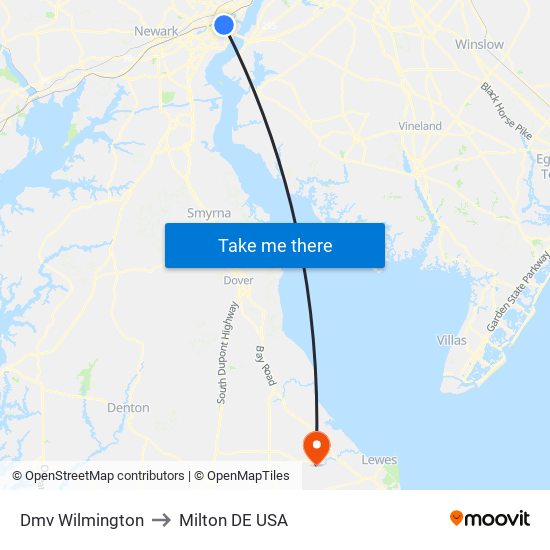 Dmv Wilmington to Milton DE USA map