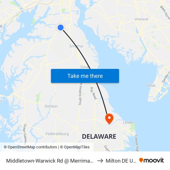 Middletown-Warwick Rd @ Merrimac Ave to Milton DE USA map