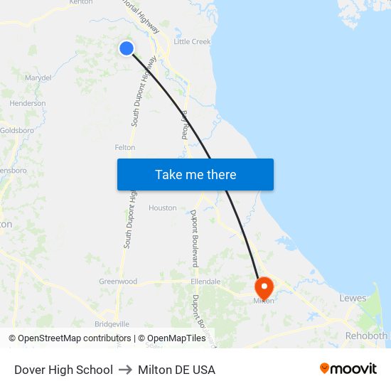 Dover High School to Milton DE USA map