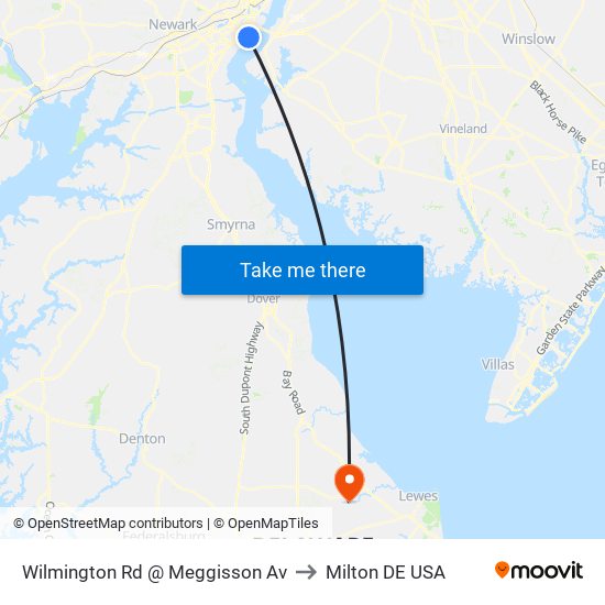 Wilmington Rd @ Meggisson Av to Milton DE USA map