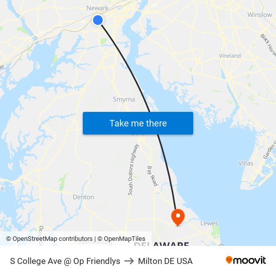 S College Ave @ Op Friendlys to Milton DE USA map