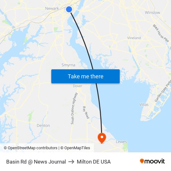 Basin Rd @ News Journal to Milton DE USA map