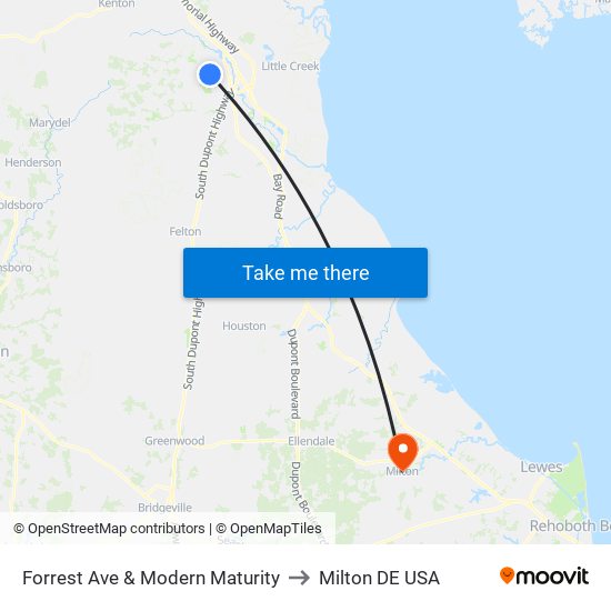 Forrest Ave & Modern Maturity to Milton DE USA map