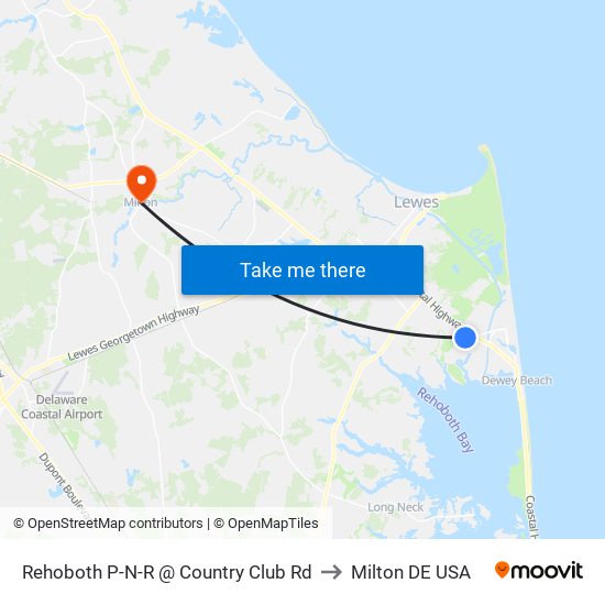 Rehoboth P-N-R @ Country Club Rd to Milton DE USA map