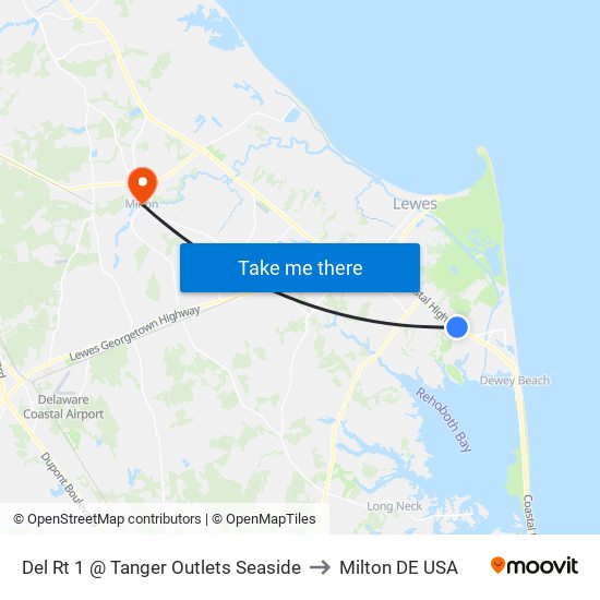 Del Rt 1 @ Tanger Outlets Seaside to Milton DE USA map