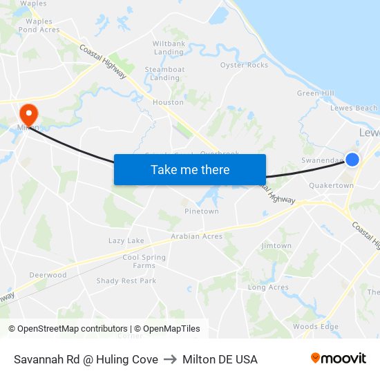 Savannah Rd @ Huling Cove to Milton DE USA map