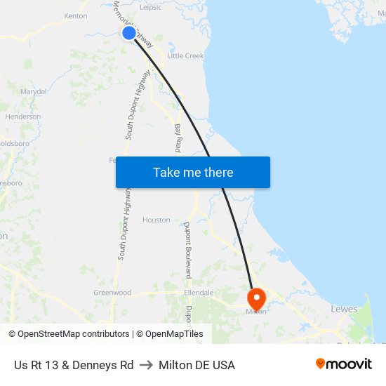 Us Rt 13 & Denneys Rd to Milton DE USA map