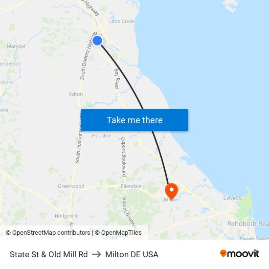 State St & Old Mill Rd to Milton DE USA map