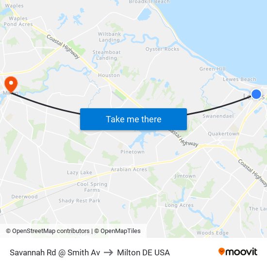 Savannah Rd @ Smith Av to Milton DE USA map