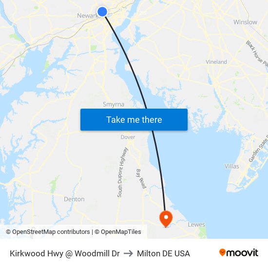 Kirkwood Hwy @ Woodmill Dr to Milton DE USA map