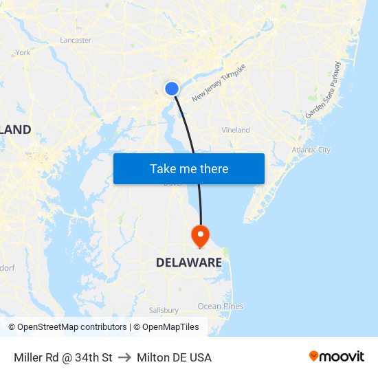 Miller Rd @ 34th St to Milton DE USA map