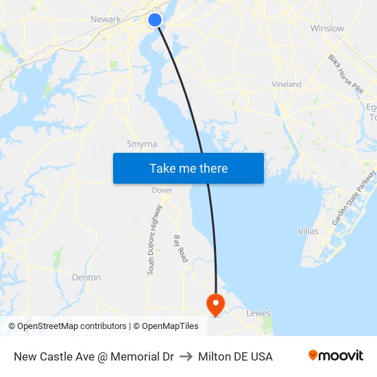 New Castle Ave @ Memorial Dr to Milton DE USA map