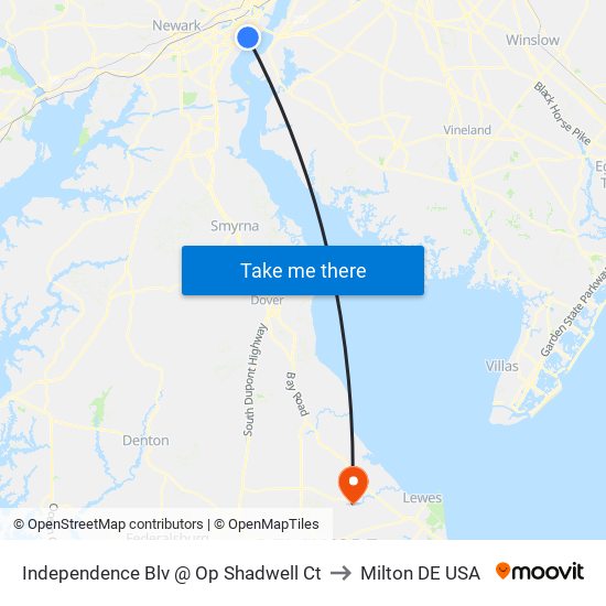 Independence Blv @ Op Shadwell Ct to Milton DE USA map