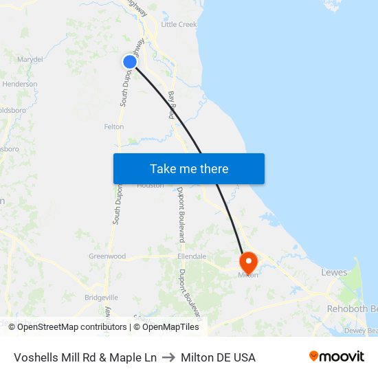 Voshells Mill Rd & Maple Ln to Milton DE USA map