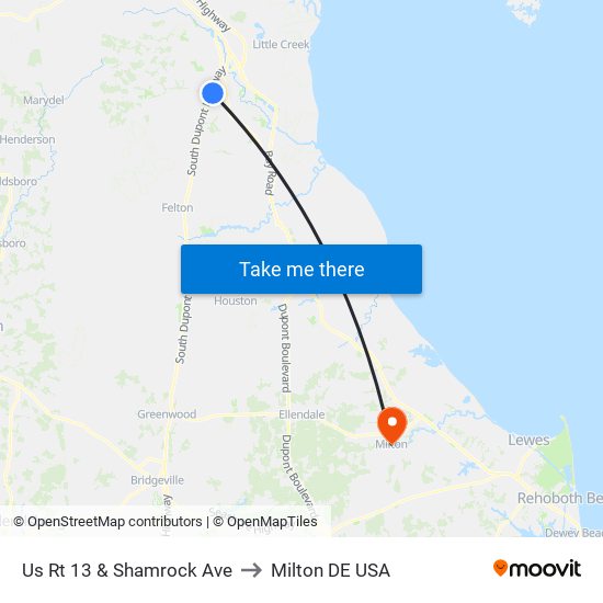 Us Rt 13 & Shamrock Ave to Milton DE USA map