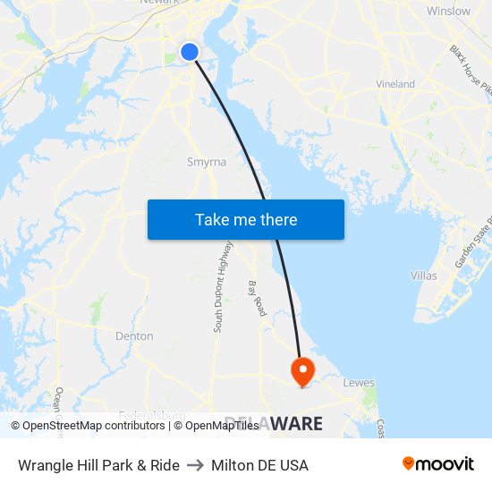 Wrangle Hill Park & Ride to Milton DE USA map