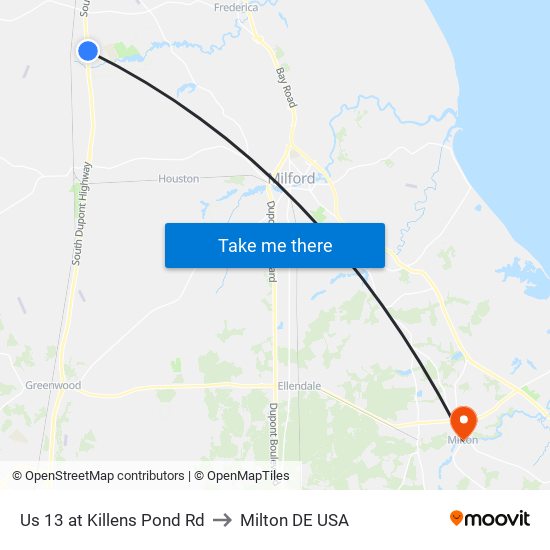 Us 13 at Killens Pond Rd to Milton DE USA map