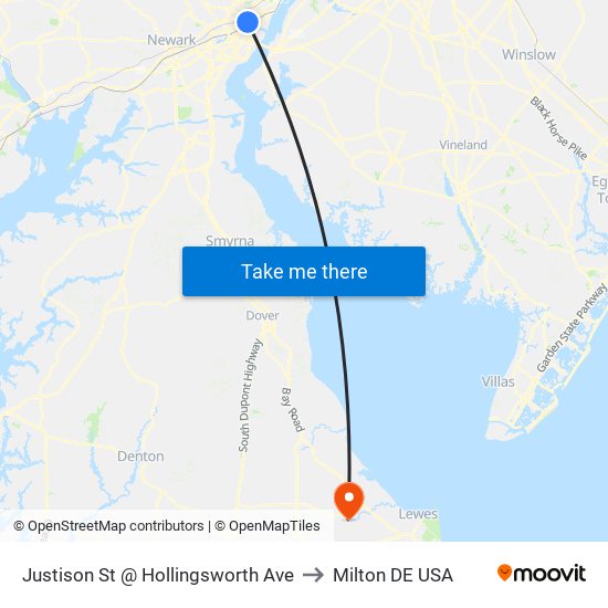 Justison St @ Hollingsworth Ave to Milton DE USA map