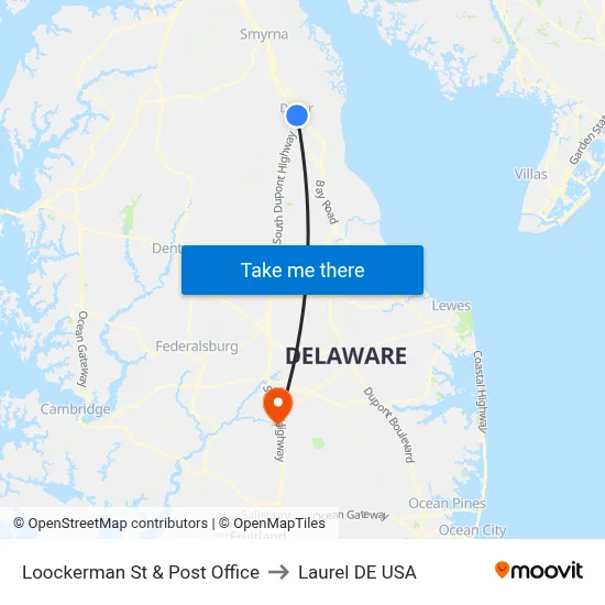 Loockerman St & Post Office to Laurel DE USA map