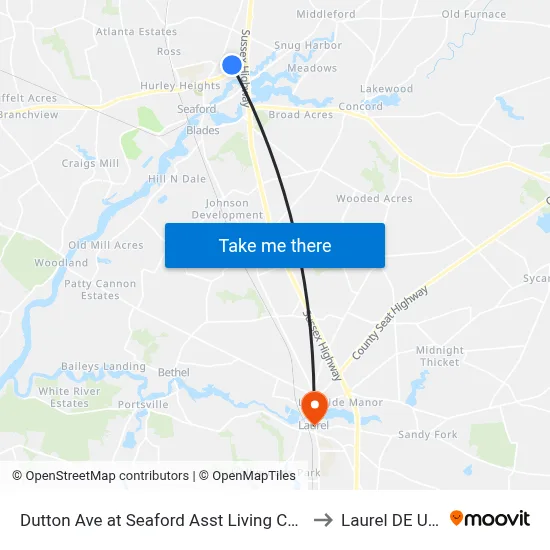 Dutton Ave at Seaford Asst Living Center to Laurel DE USA map