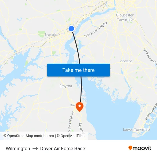 Wilmington to Dover Air Force Base map