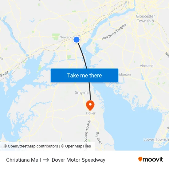 Christiana Mall to Dover Motor Speedway map