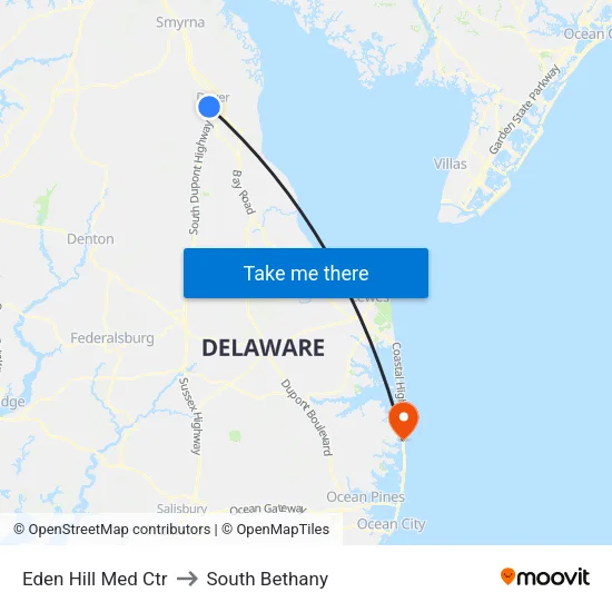 Eden Hill Med Ctr to South Bethany map