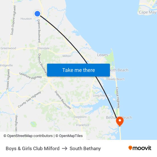 Boys & Girls Club Milford to South Bethany map