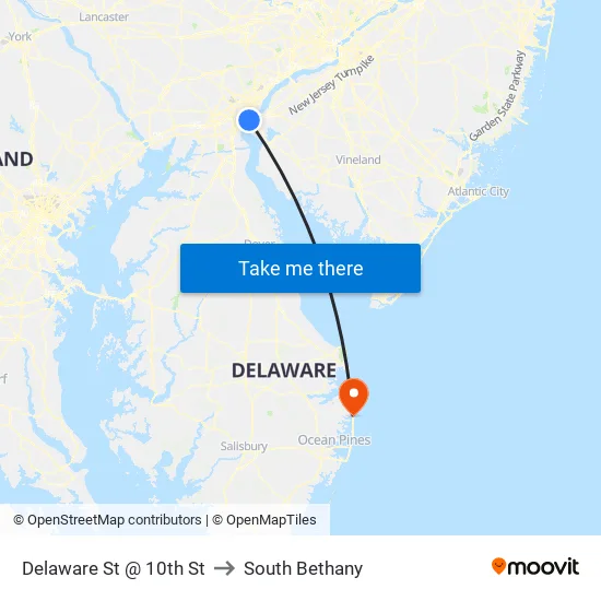 Delaware St @ 10th St to South Bethany map