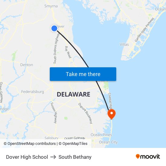 Dover High School to South Bethany map