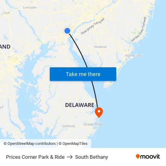 Prices Corner Park & Ride to South Bethany map