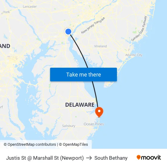 Justis St @ Marshall St (Newport) to South Bethany map