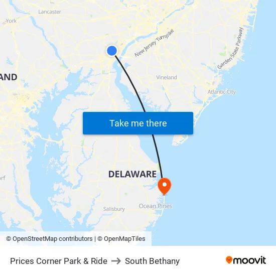 Prices Corner Park & Ride to South Bethany map