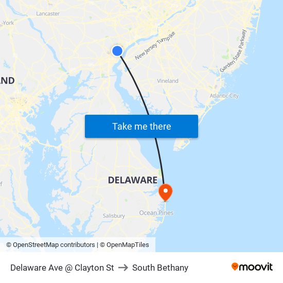 Delaware Ave @ Clayton St to South Bethany map