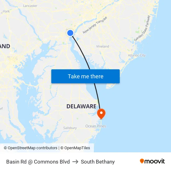 Basin Rd @ Commons Blvd to South Bethany map