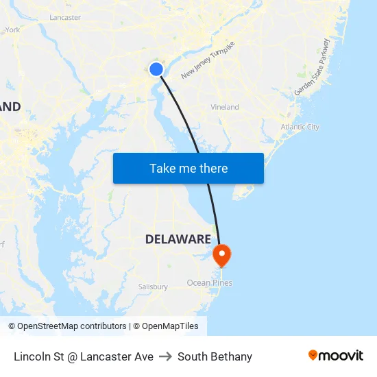 Lincoln St @ Lancaster Ave to South Bethany map
